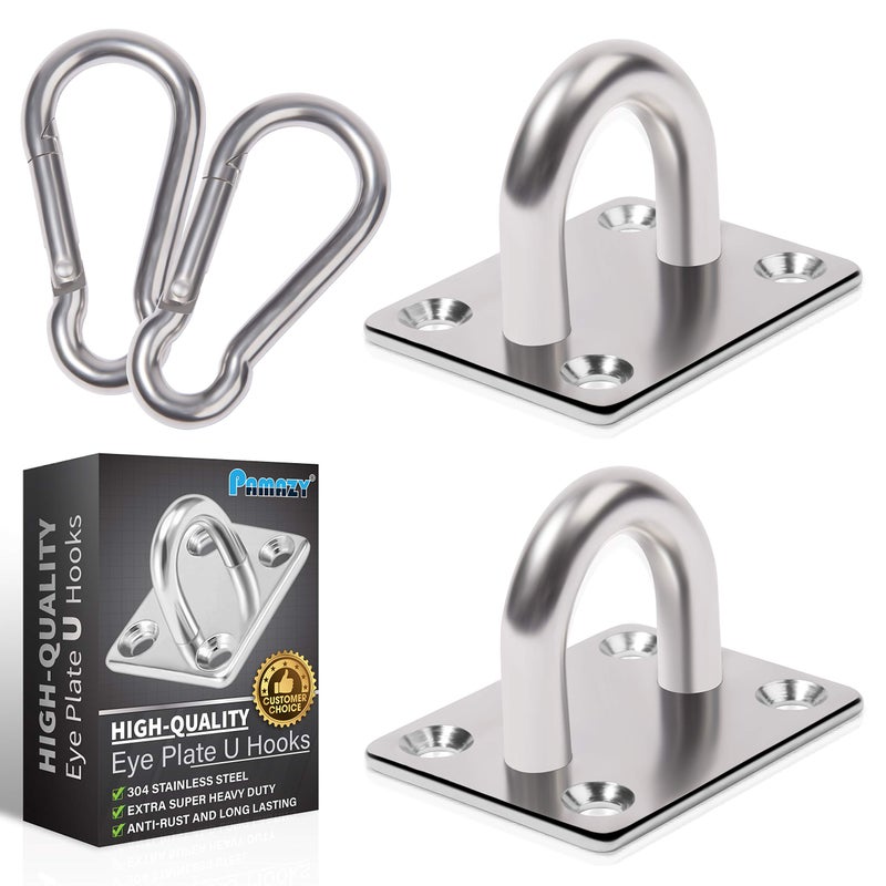 PAMAZY 2PCS M8 Premium Heavy Duty Square Stainless Steel Pad Eye Hooks + 2PCS Snap Hooks and 8PCS Screws with 8PCS Plastic Expansion Tube, Ceiling Hooks Heavy Duty for Outdoor Indoor Activity - Image 1